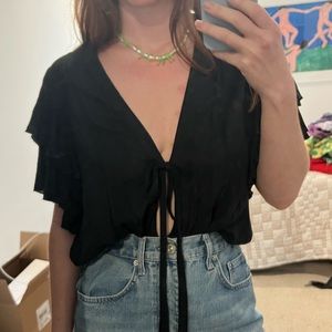 Free People Black Flutter Sleeve Deep V Bodysuit